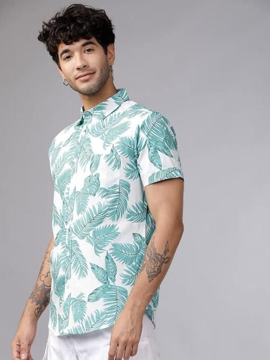 Men's Printed Half Sleeves Spread Collar Casual Shirt White & Light Green